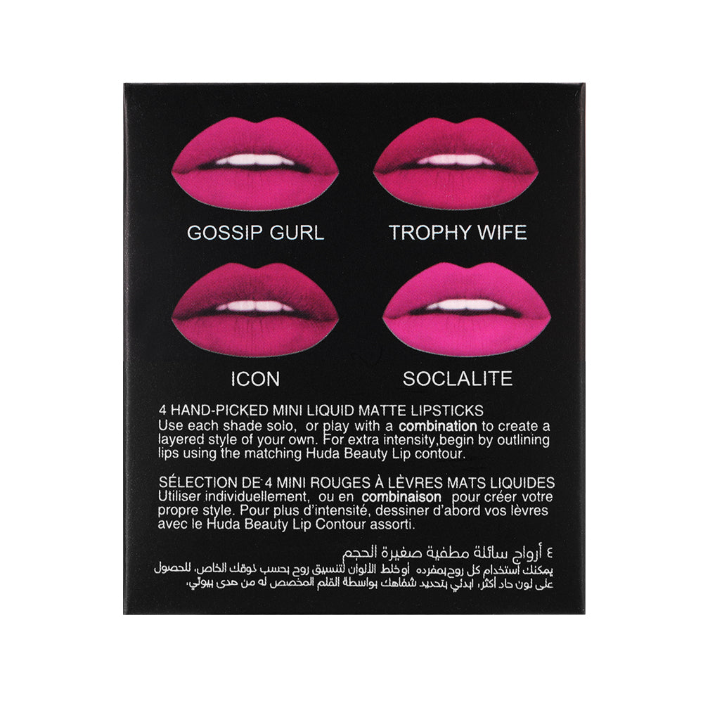 Huda Beauty 4 HAND-PICKED MINI LIQUID MATTE LIPSTICKS Minis Shiny Non-Sticky Lip Gloss 4x0.064 Fl Oz