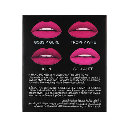 Huda Beauty 4 HAND-PICKED MINI LIQUID MATTE LIPSTICKS Minis Shiny Non-Sticky Lip Gloss 4x0.064 Fl Oz
